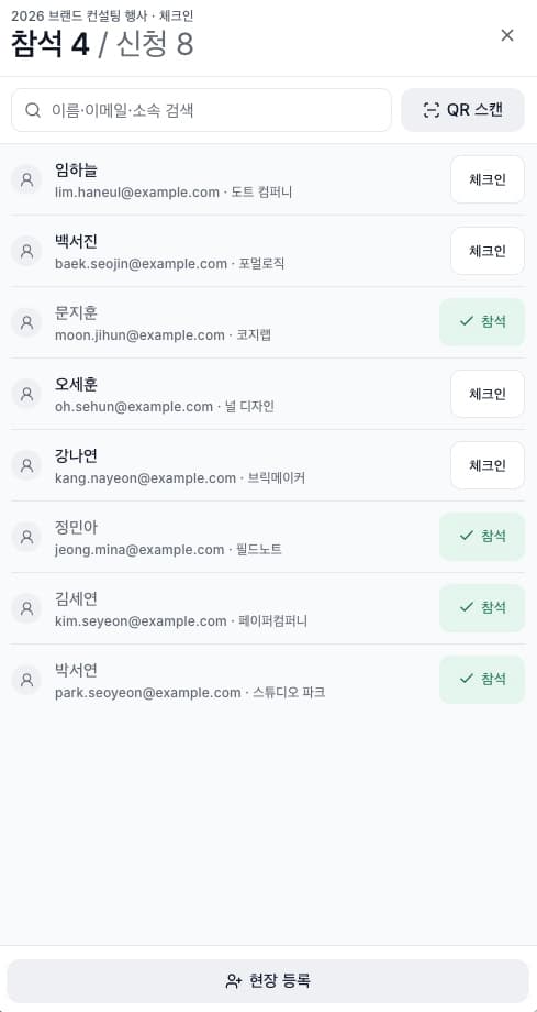 참석 4명과 신청 8명을 보여주고 이름별로 체크인하는 현장 체크인 화면