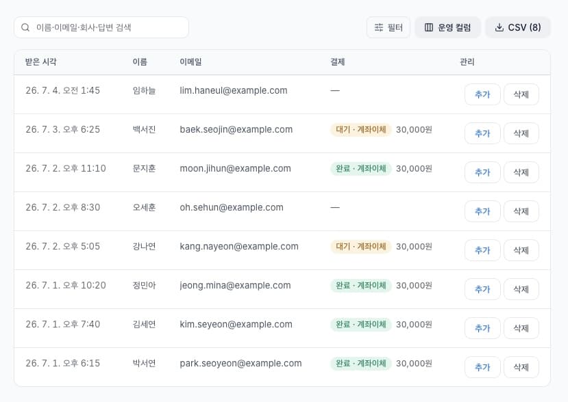 신청 시각과 계좌이체 입금 대기·완료 상태를 함께 보는 신청 응답 목록 화면